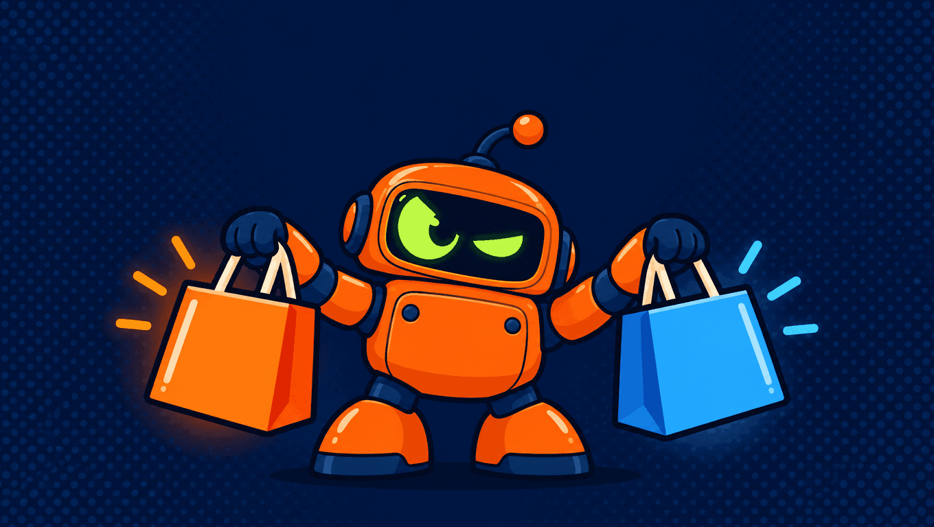The baratobot mascot weighing an orange shopping bag against a blue one
