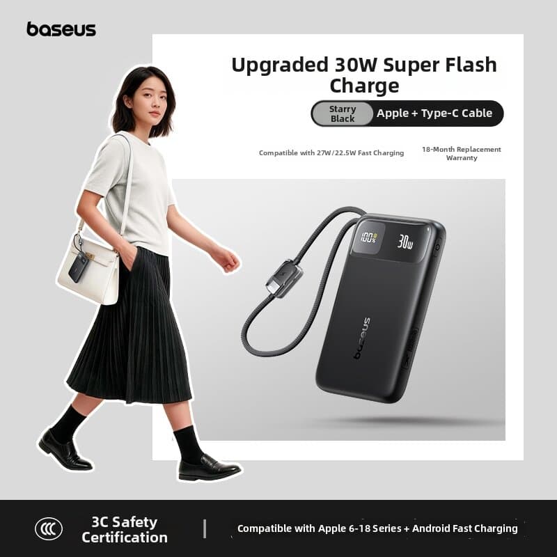 Air Travel Approved Compact Fast-Charging Large-Capacity USB Cable Included Power Bank 20000mAh