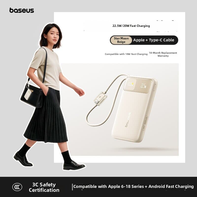 Air Travel Approved Compact Fast-Charging Large-Capacity USB Cable Included Power Bank 20000mAh