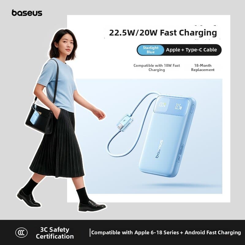 Air Travel Approved Compact Fast-Charging Large-Capacity USB Cable Included Power Bank 20000mAh