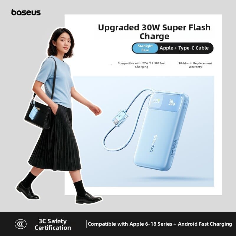 Air Travel Approved Compact Fast-Charging Large-Capacity USB Cable Included Power Bank 20000mAh