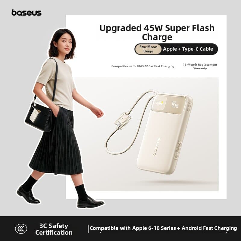 Air Travel Approved Compact Fast-Charging Large-Capacity USB Cable Included Power Bank 20000mAh