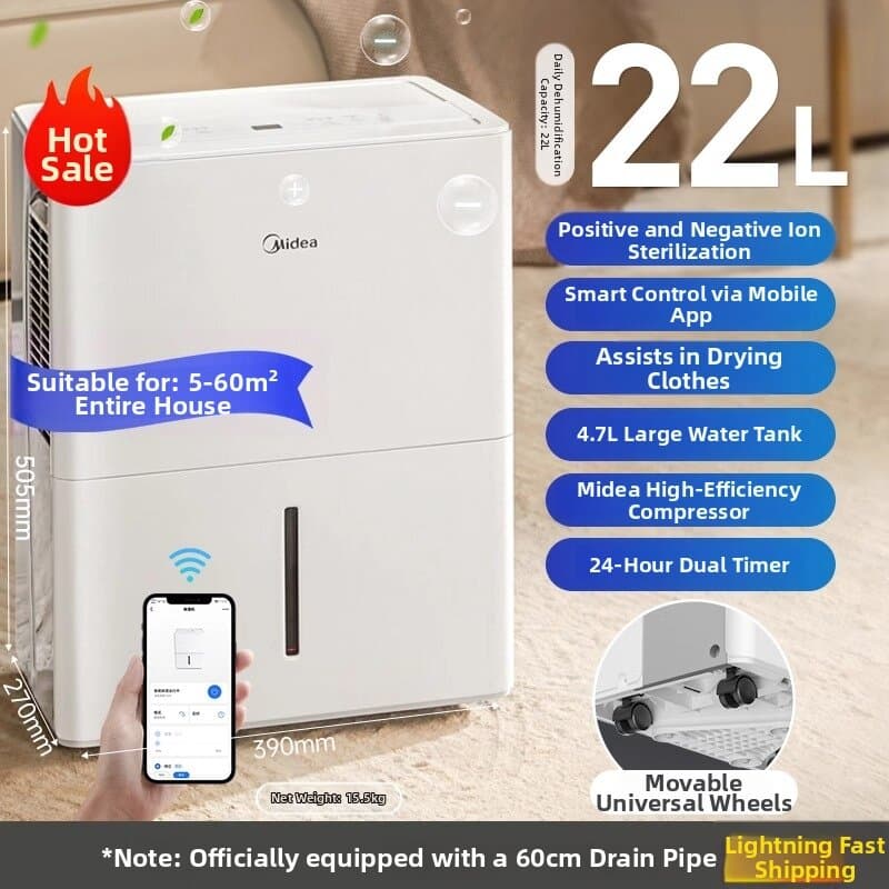 High Power Portable Dehumidifier 20L Continuous Dehumidification Quick Drying Anti Mold for Basement Bedroom Living Room Home Use