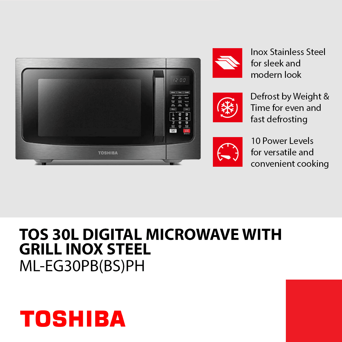 Toshiba 30L Digital Microwave with Grill Inox Steel