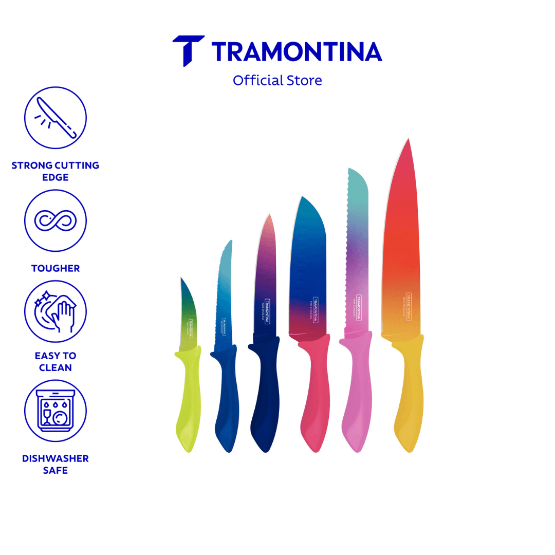 Tramontina Colorcut 6 Pcs Knife Set, Stainless Steel/Polypropylene/Peeling/Steak/Utility/Chef/Bread/Santoku