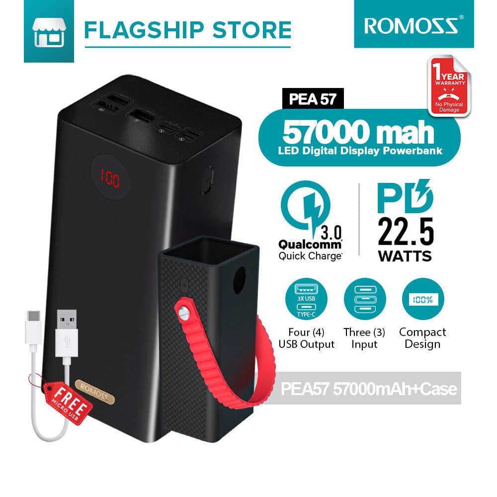 Romoss PEA57 60000mAh powerbank 22.5W Super Fast Charging Built-in Cables Capacity LED Display Original High Capacity Power Bank Heavy Duty