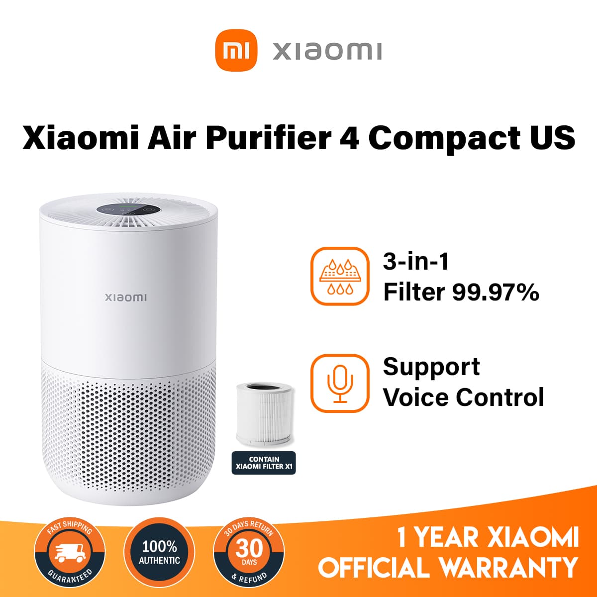 Xiaomi Smart Air Purifier 4 Compact 3-in-1 Filter Smart control Real-time Air Quality Monitoring