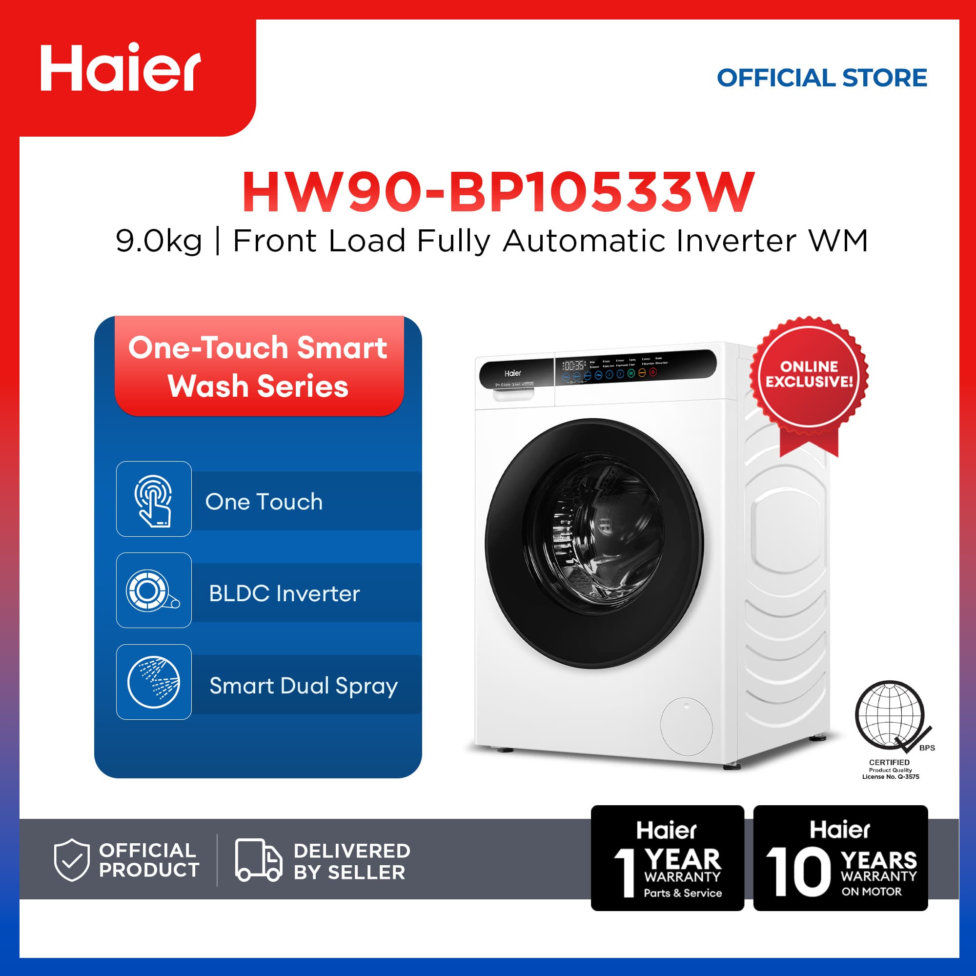 Haier HW90-BP10533W 9kg One-Touch Smart Wash Fully Automatic Front Load Inverter Washing Machine (White)