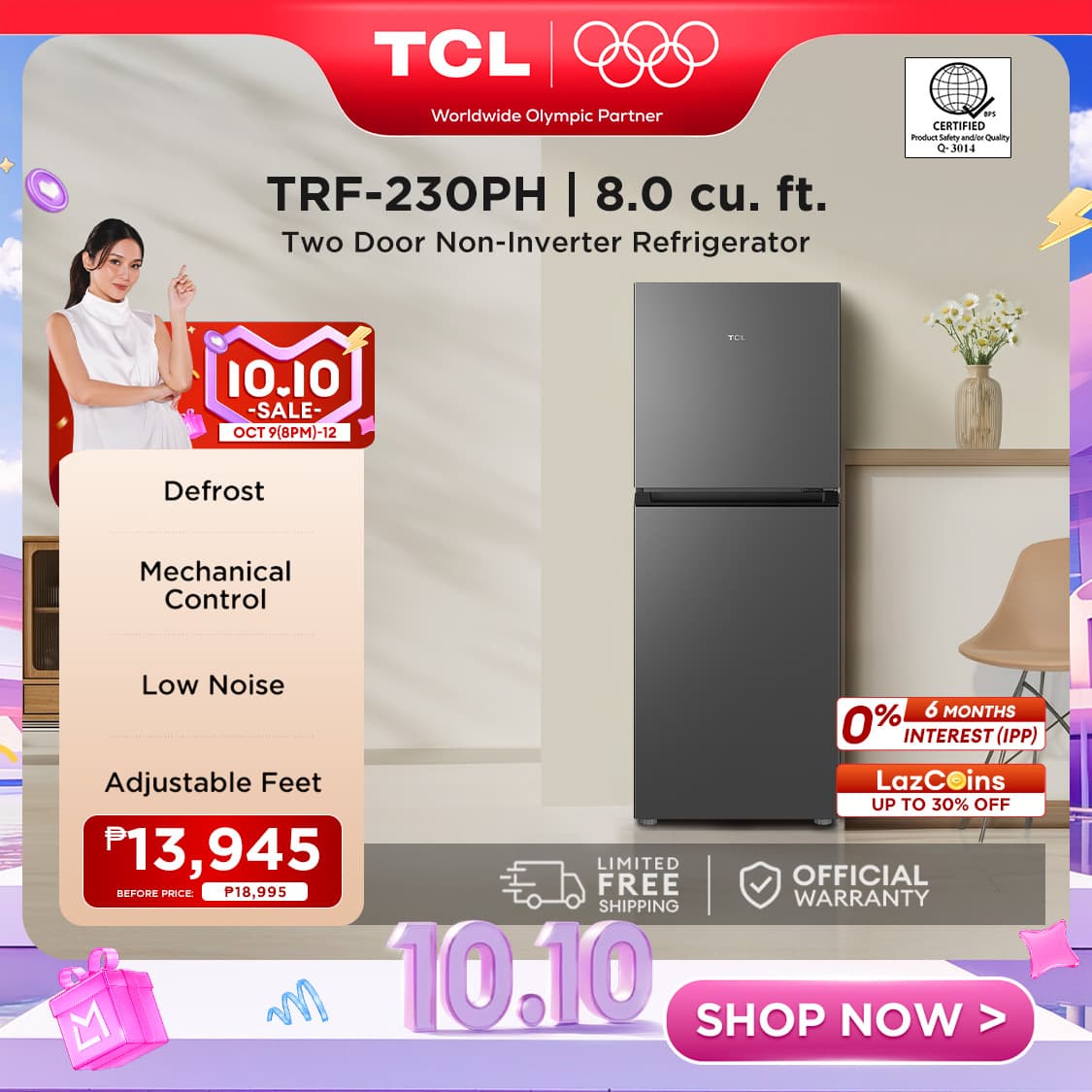 TCL 8.0 cu.ft Inverter/Non-inverter Two-Door Refrigerator