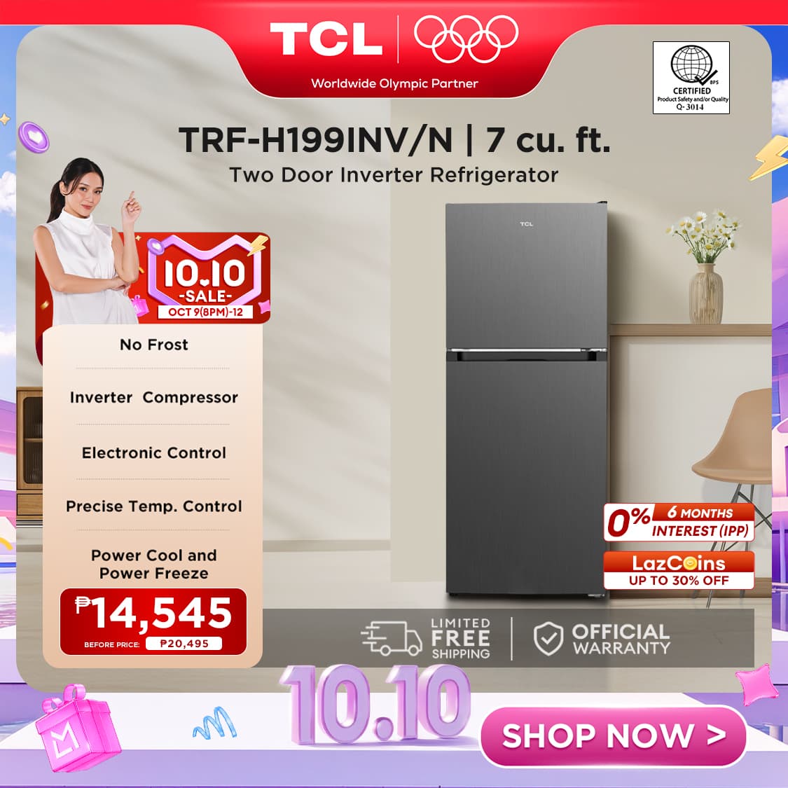 TCL 2-door Inverter No Frost Refrigerator - 7.4/9.1/6.99/7.66/9.43/12.57 cu.ft.