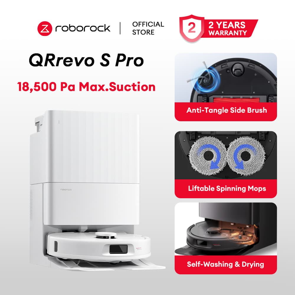 Roborock Qrevo S Pro Robot Vacuum cleaner 18,500Pa HyperForce Suction Dual Anti-Tangle Brush 360° LiDAR Navigation Auto Mop Self-Washing & Drying