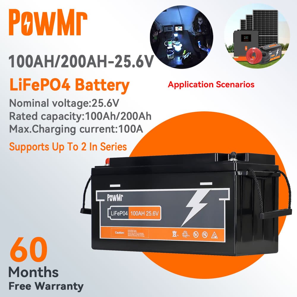PowMr LiFePo4 battery 24V 100Ah/200AH with Voltage Display and smart BMS,series-connectible,Lithium Iron Phosphate Battery