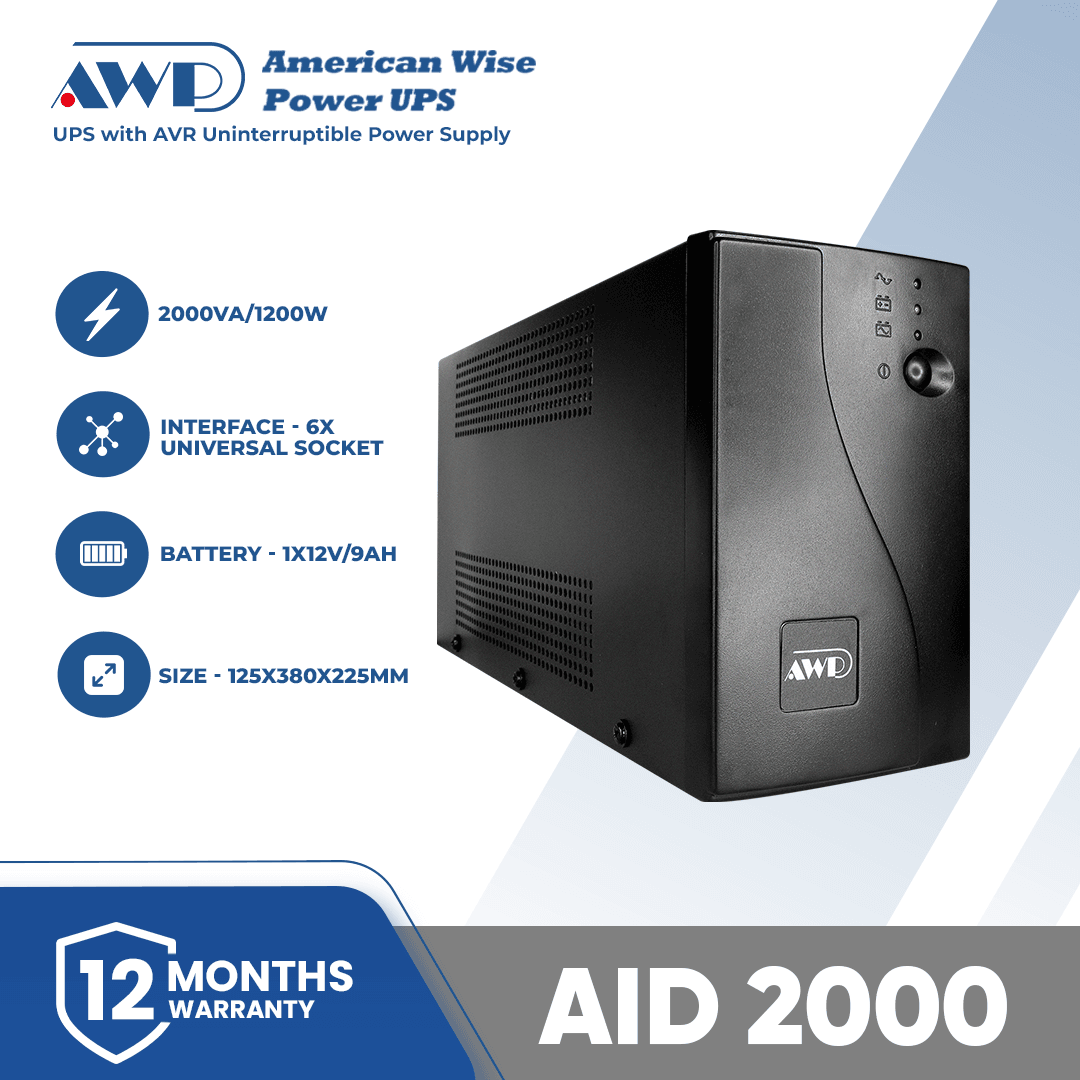 AWP AID2000 Aide 1200W-2000VA UPS with AVR Uninterruptible Power Supply (6 Sockets) - Power Backup for Entry Level Computers, Laptops, TVs, Routers, Printers, CCTV and other Appliances