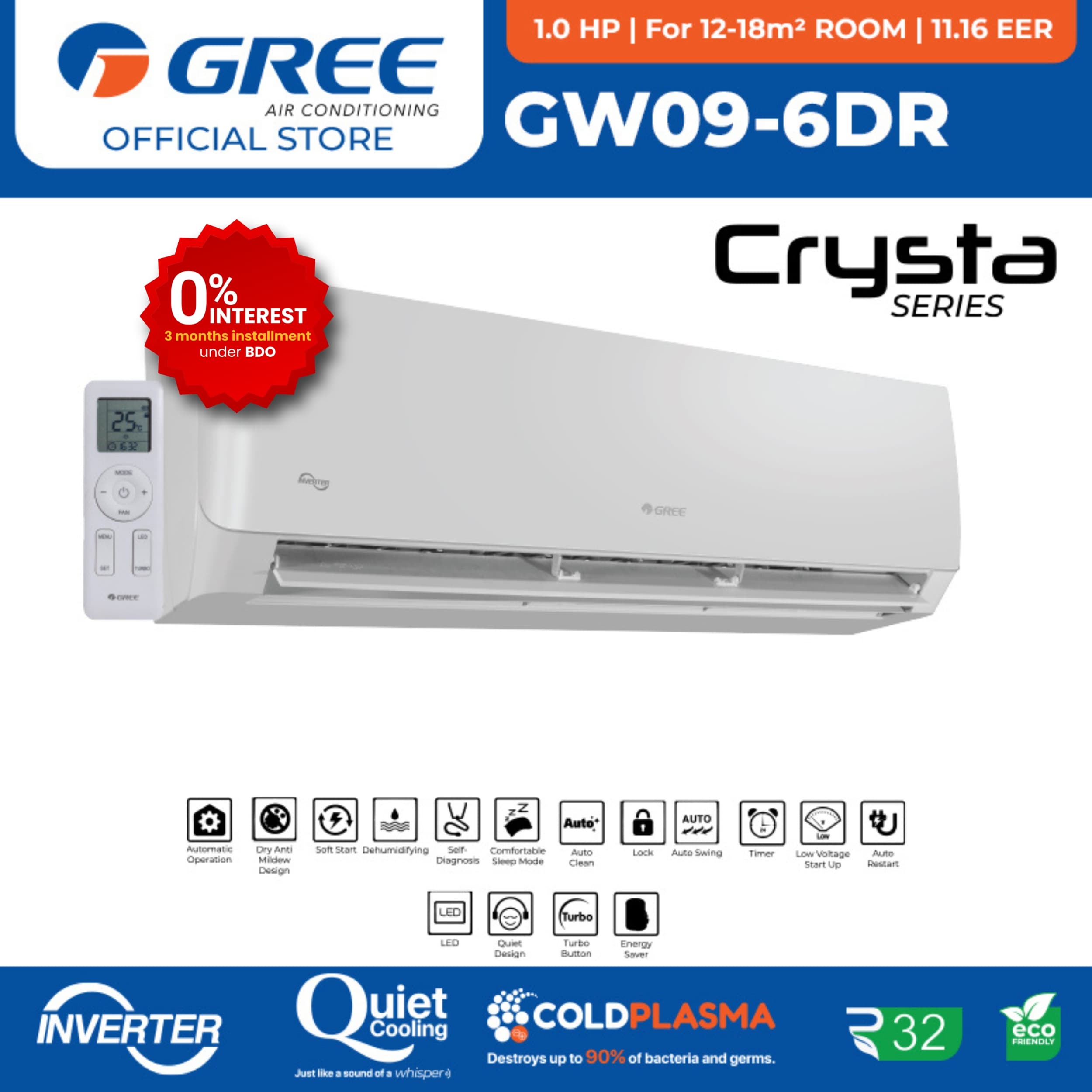 Gree GW09-6DR 1.0 HP Wall Mounted Split Type Inverter Aircon - Crystal Series