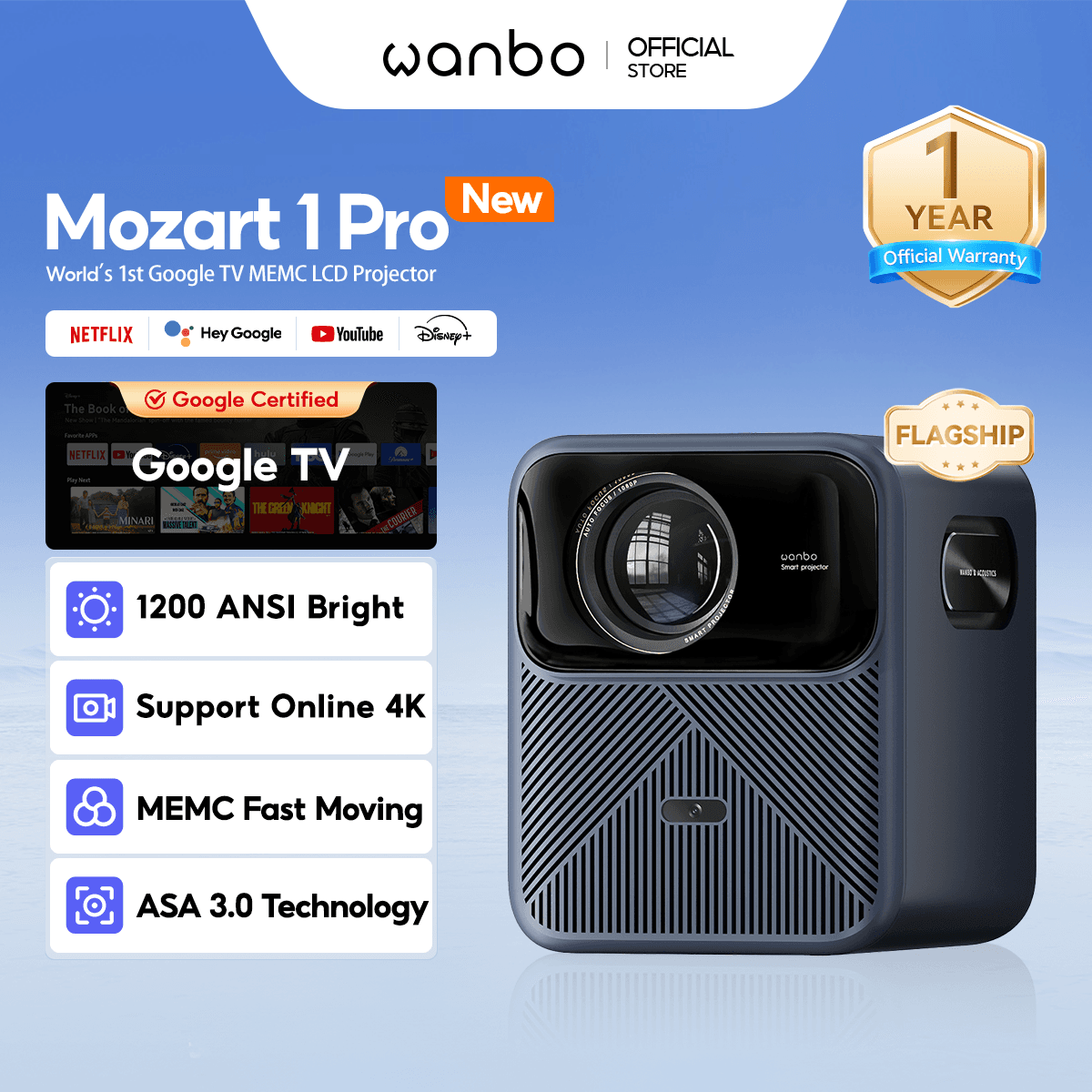 [Flagship] Wanbo Mozart 1 Pro Online 4K Projector 1200 ANSI Android 11 Auto Focus Home Cinema