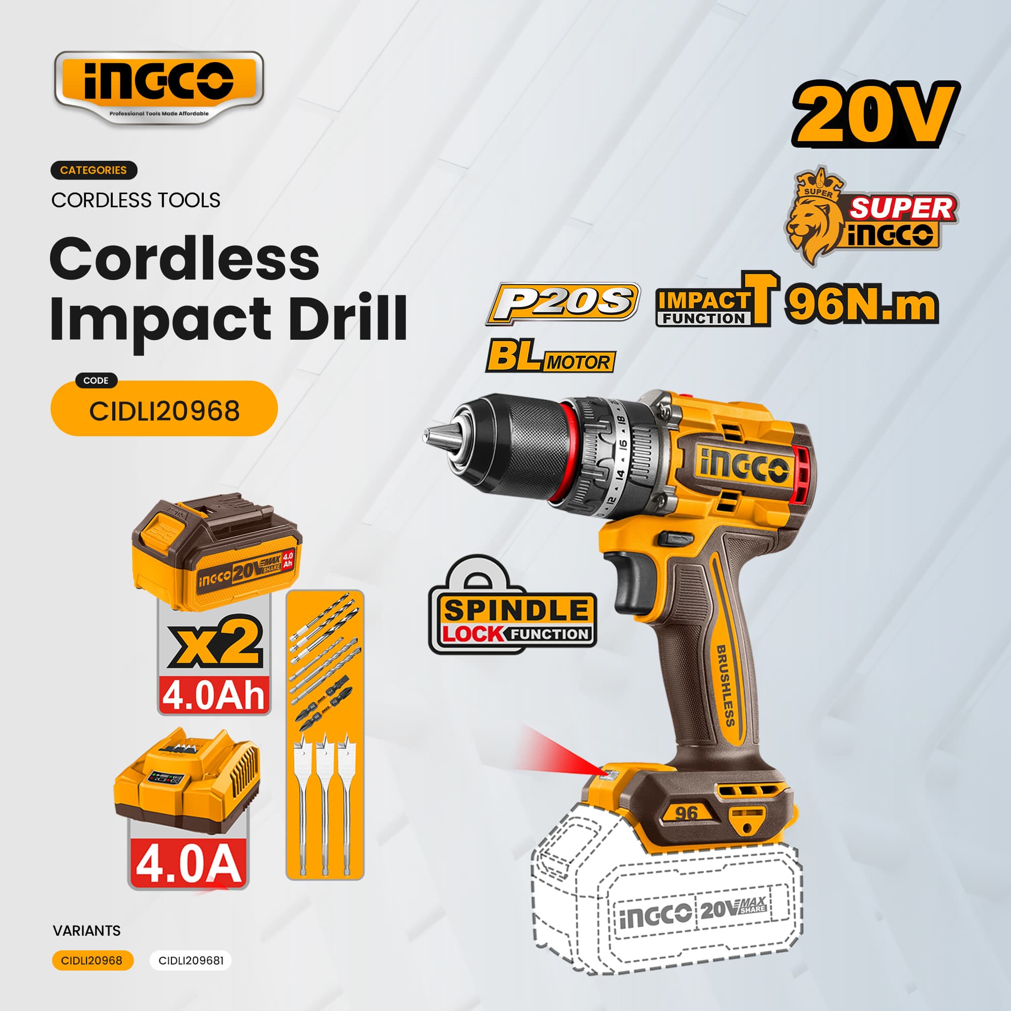 INGCO 20V Brushless Cordless Impact Drill CIDLI20968 / CIDLI209685 / CIDLI209686 ICPT