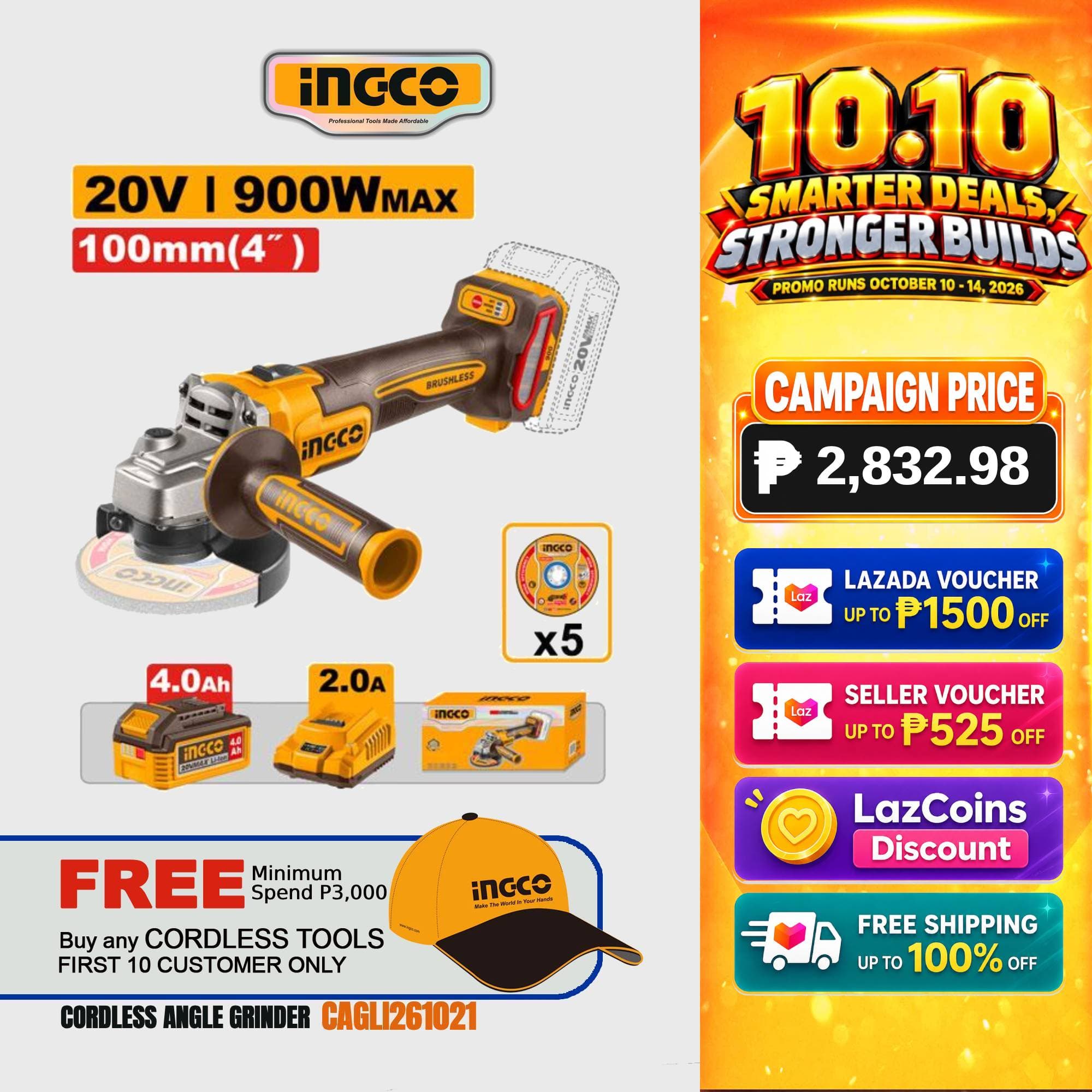 INGCO 20V Brushless Angle Grinder w/ 1 Battery & Charger Use for Cutting & Grinding CAGLI261021 ICPT