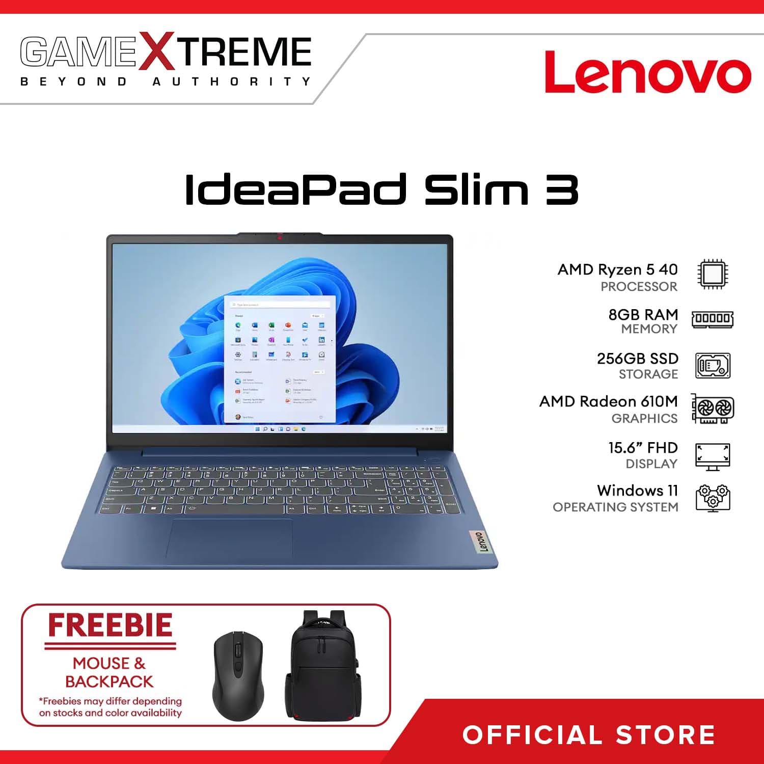 Lenovo IdeaPad Slim 3 15.6" FHD AMD Ryzen 5 40 8GB LPDDR5 RAM / 256GB SSD AMD Radeon 610M Graphics Win 11 Abyss Blue