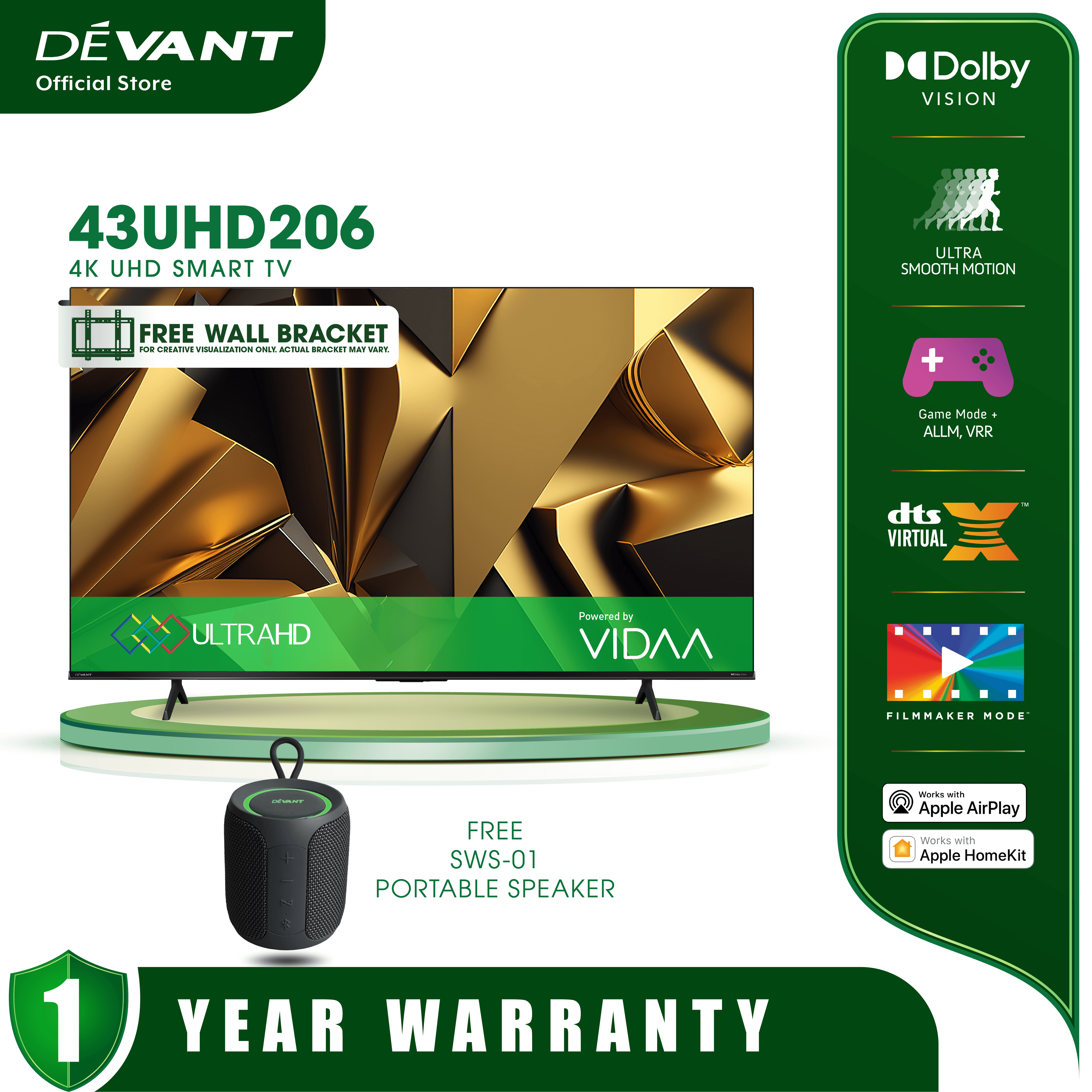 DEVANT 43UHD206 43 Inch Ultra HD (UHD) 4K Smart TV - Netflix, Youtube and FREE Wall Bracket & SPEAKER SWS-01