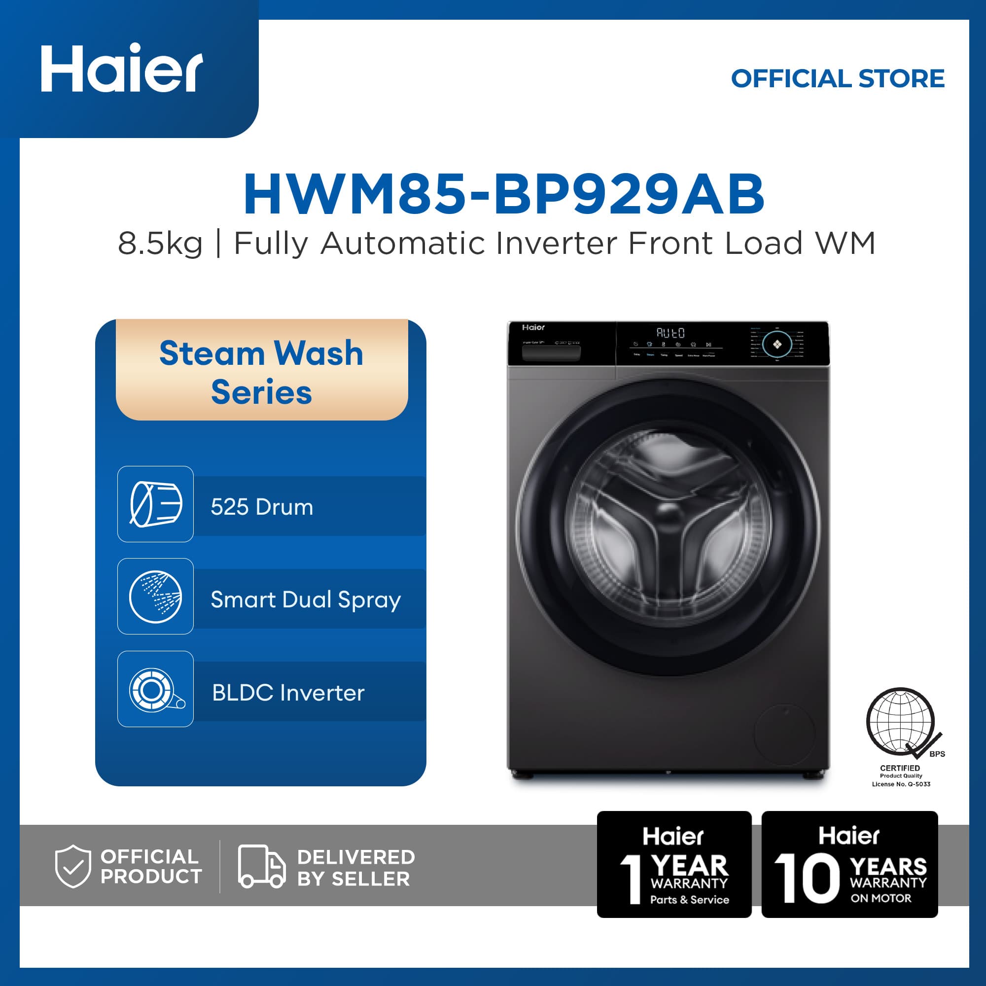 Haier HWM85-BP929AB 8.5kg Super 525 Drum Fully Automatic Front Load Inverter Washing Machine (Dark Silver)