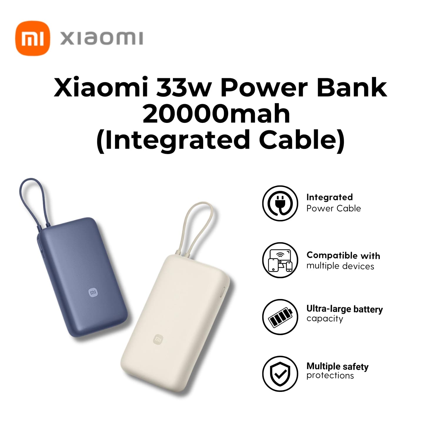 Xiaomi 33W Power Bank 20000mAh (Integrated Cable) l High capacity, long battery life with two-way fast charginging