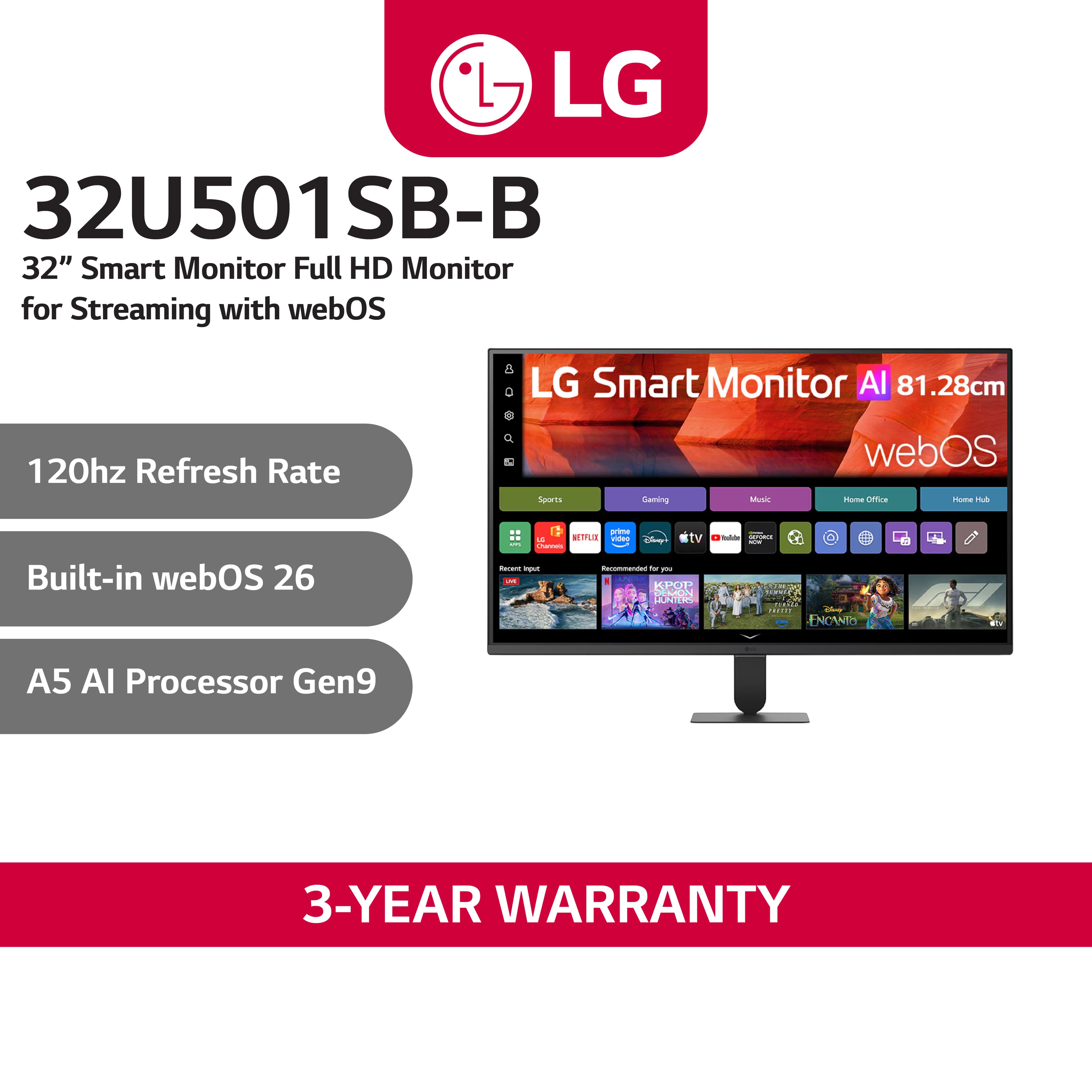 LG 32U501SB-B 32" Smart Monitor Full HD 120Hz for Work, Streaming & Home Office