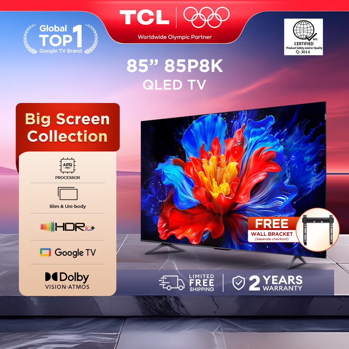 TCL P8K Series 4K QLED HDR Smart TV - 55/65/75/85/98 inch