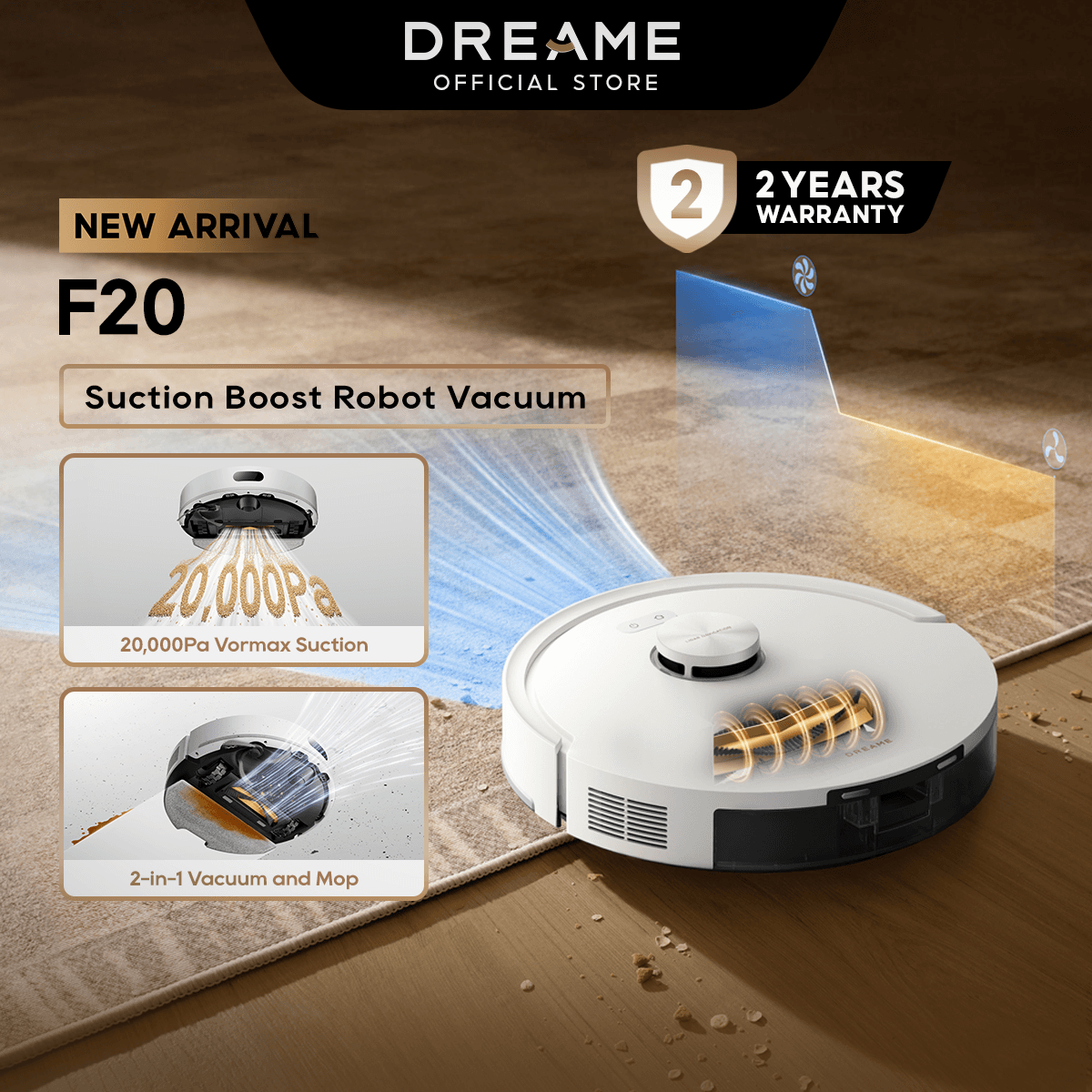 Dreame F20 20,000Pa Powerful Robot Vacuum Mop Edge Cleaning Anti-Tangle Brush Long Runtime