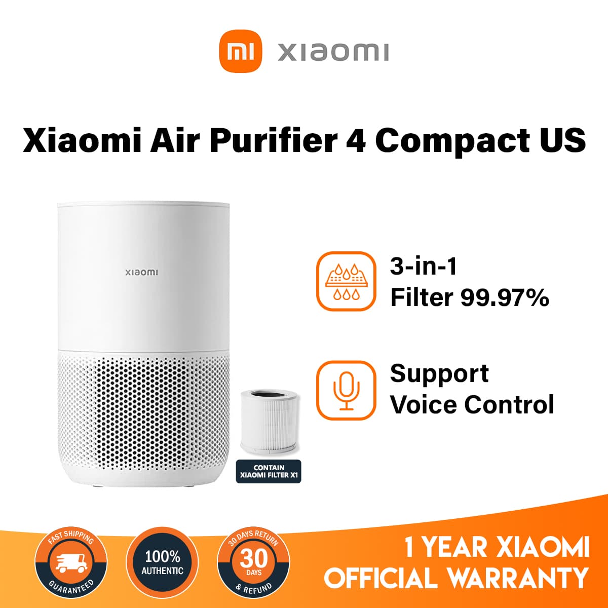 Xiaomi Smart Air Purifier 4 Compact 3-in-1 Filter Smart control Real-time Air Quality Monitoring