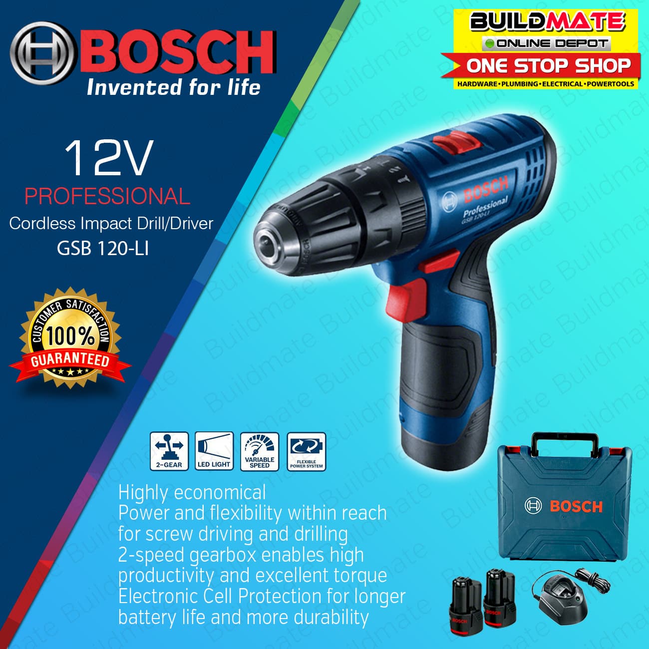 BUILDMATE Bosch 12V Lithium-Ion Cordless Impact Drill Driver Set with Battery Charger & Case - COC