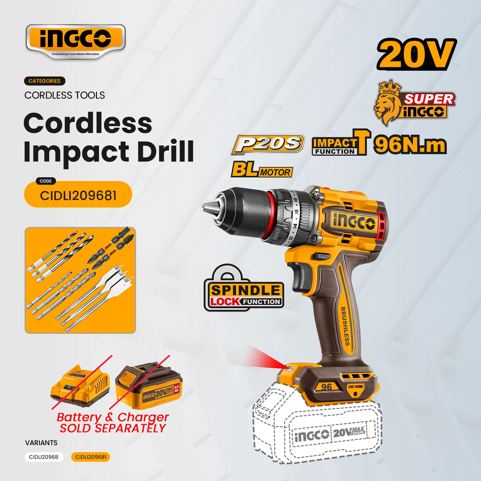 INGCO 20V Brushless Cordless Impact Drill CIDLI20968 / CIDLI209685 / CIDLI209686 ICPT