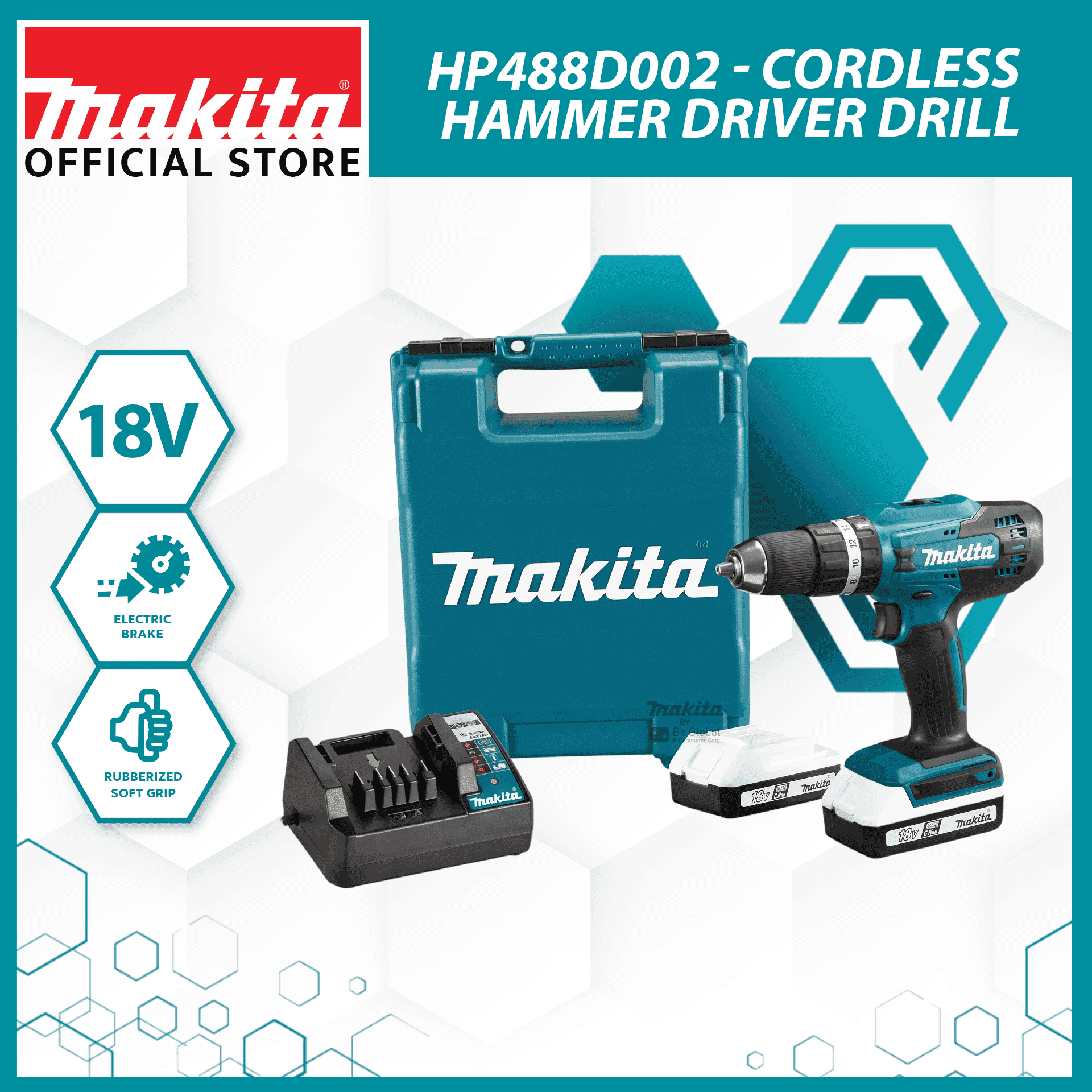 Makita HP488D002 13mm (1/2) Cordless Hammer Driver Drill G-Battery 18V Li-Ion (1.5Ah Battery x2 + Charger)
