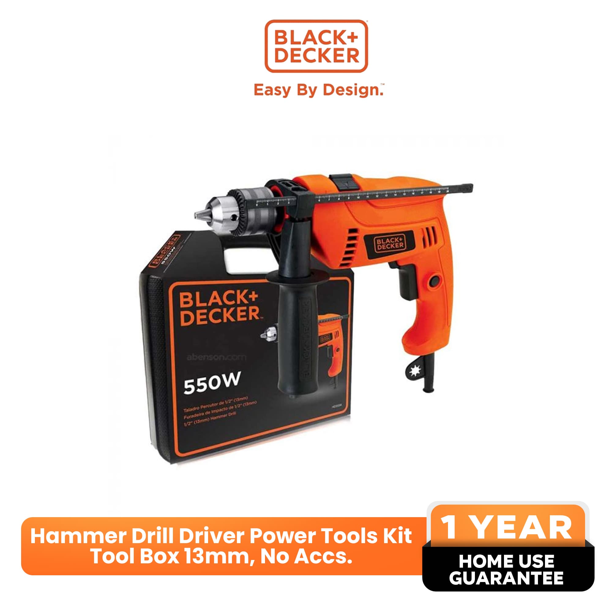 BLACK+DECKER™ Hammer Drill Driver Power Tools Kit Tool Box 13mm 550W, No Accessories (HD555K-B1)