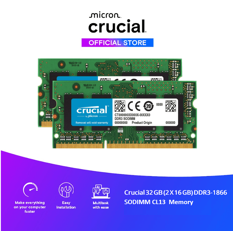 Crucial 32 GB (2 x 16 GB) DDR3-1866 SODIMM CL13 Memory (CT2K16G3S186DM)