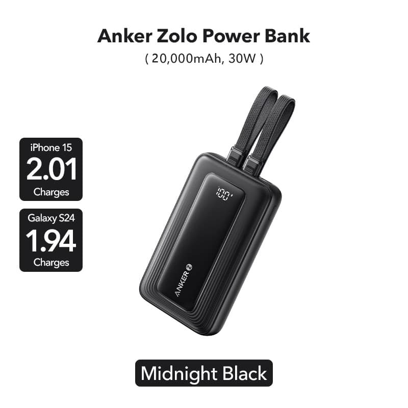 Anker Zolo Power Bank 20K 30W, Built-In USB-C and Lightning Cable, Compatible with MacBook, iPhone Series, Sam Sung