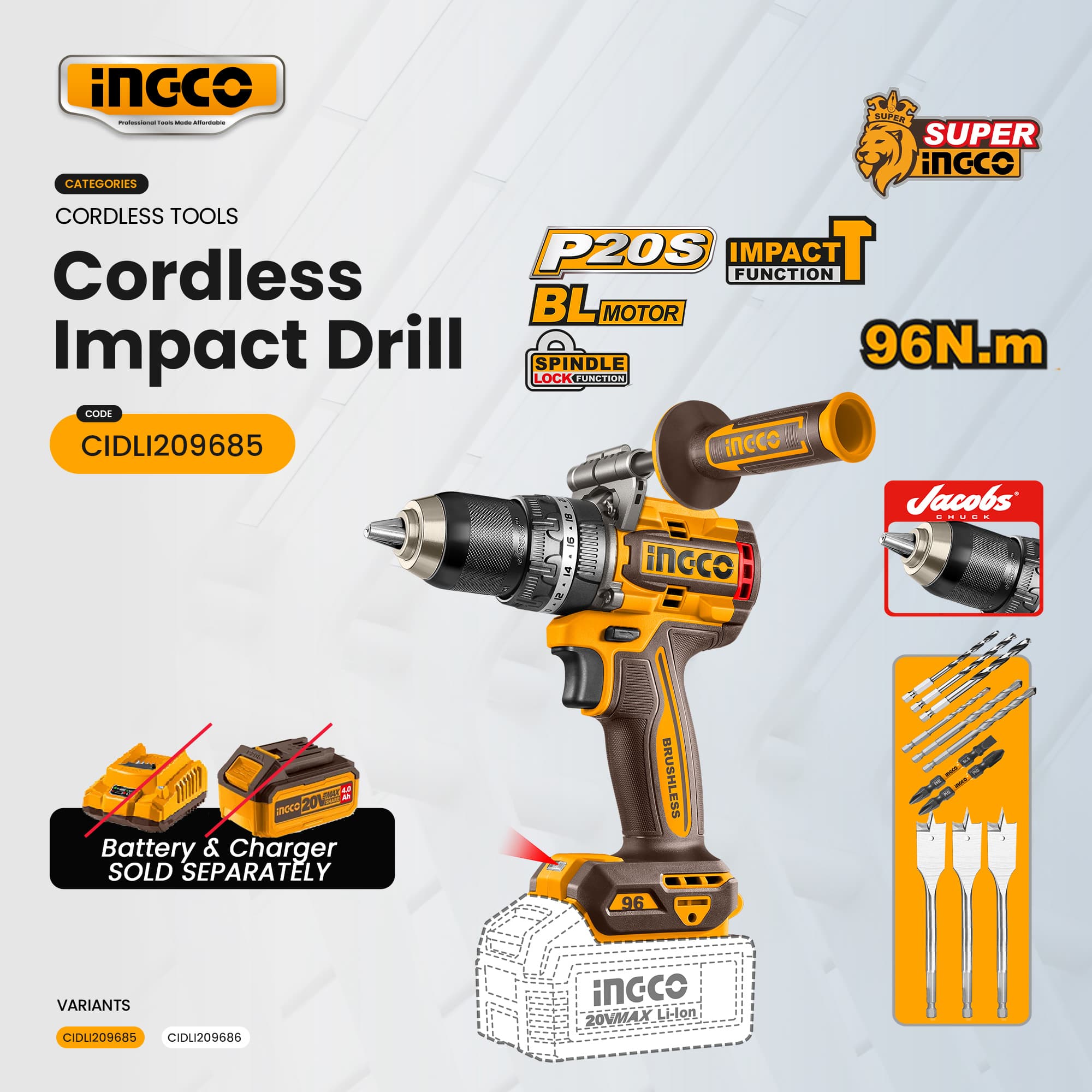 INGCO 20V Brushless Cordless Impact Drill CIDLI20968 / CIDLI209685 / CIDLI209686 ICPT
