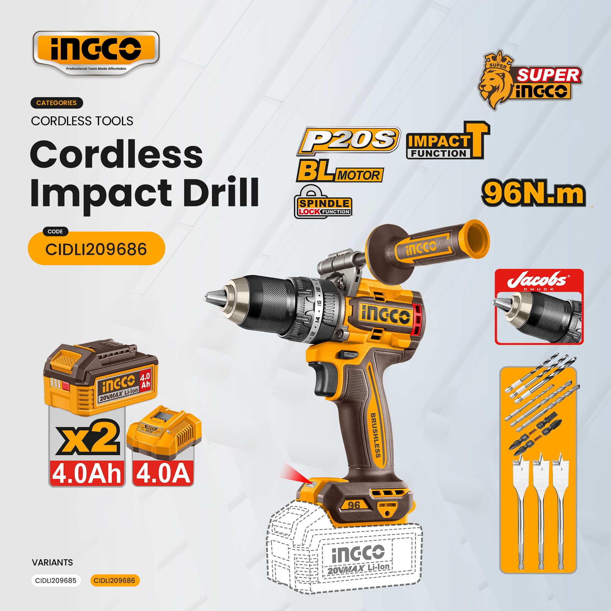 INGCO 20V Brushless Cordless Impact Drill CIDLI20968 / CIDLI209685 / CIDLI209686 ICPT