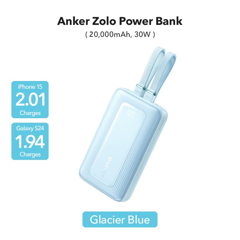 Anker Zolo Power Bank 20K 30W, Built-In USB-C and Lightning Cable, Compatible with MacBook, iPhone Series, Sam Sung