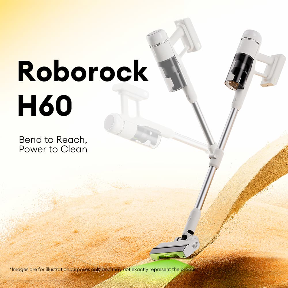 Roborock H60 Cordless Vacuum Cleaner, Flexible and Bendable Wand easy cleaning under furniture, 140° Green-light Dust Detection, Anti-Tangle Brush, 60mins max Runtime