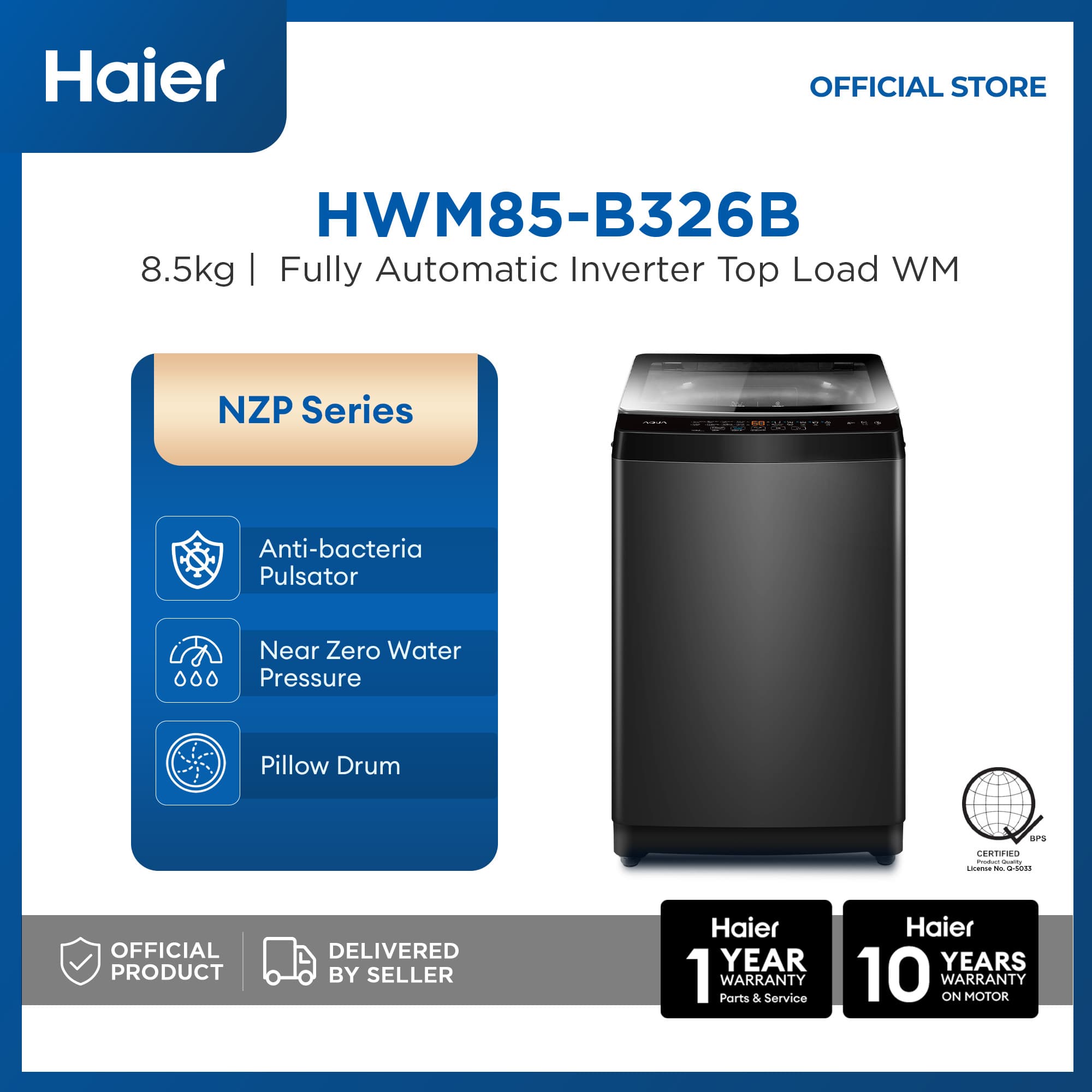 Haier HWM85-B326B 8.5kg Near-Zero Water Pressure Fully Automatic Inverter Top Load Washing Machine (Black)