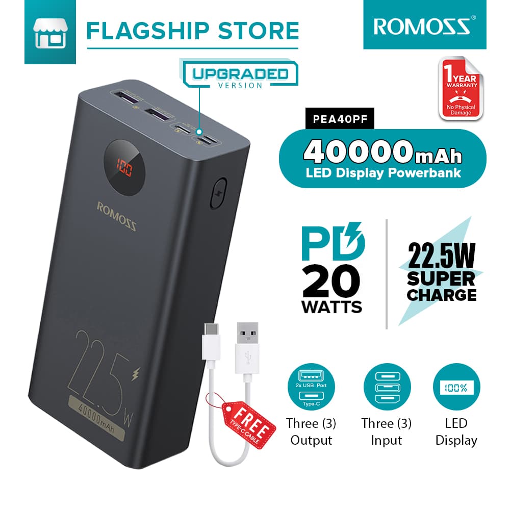 Romoss 40000mAh Power Bank PEA40 Pro 65W/ PEA40PF 22.5W/ PEA40 18W PD/QC3.0 Fast Charging Powerbank Digital Display Dual USB+Type C Output Lightning+Micro+Type C Input Large Cpacity Charging for Laptop Tablet Mobile Phone