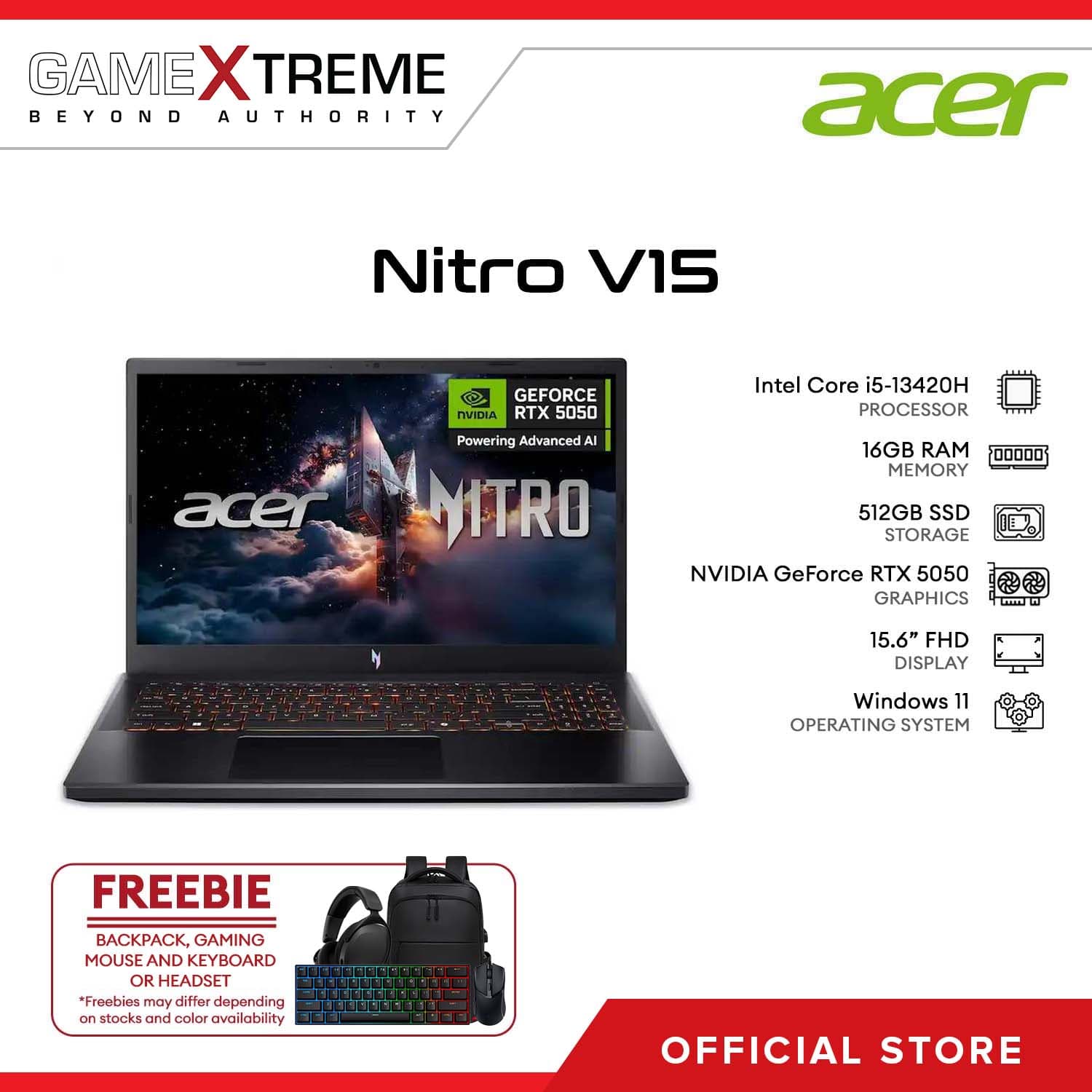 Acer Nitro V15 15.6" FHD IPS 165Hz Gaming Laptop Core i5-13420H 16/ 512GB SSD RTX 5050 Win 11 Obsidian