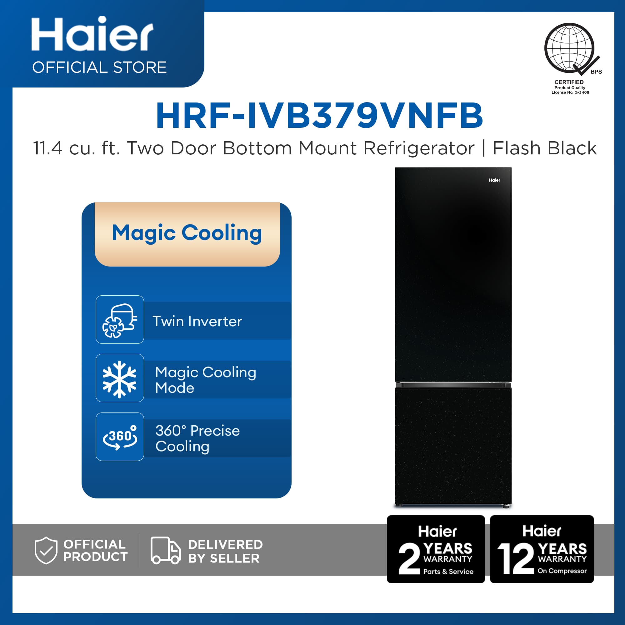Haier HRF-IVB379VNFB 11.4 cu.ft./324L Magic Cooling No Frost Bottom Freezer Twin Inverter Two Door Refrigerator (Flash Black)