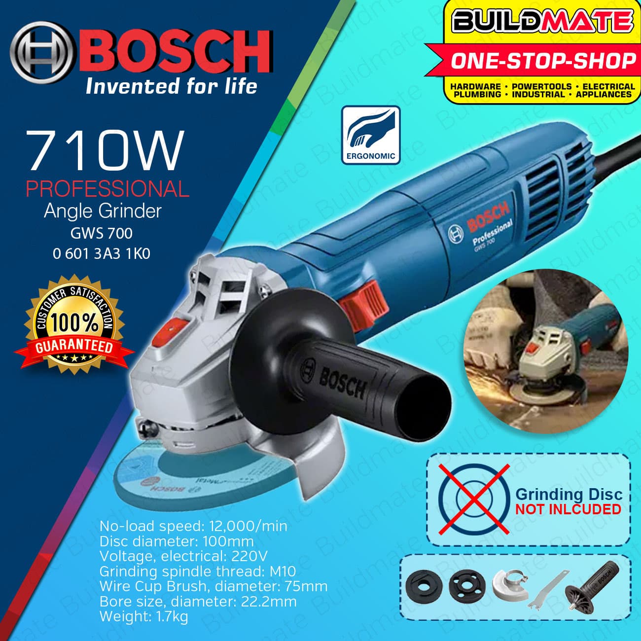 BUILDMATE Bosch 4" Inch Electric Angle Grinder 670W / 710W Mini Grinding Machine Wood Cutting GWS 060 / GWS 700 - COC