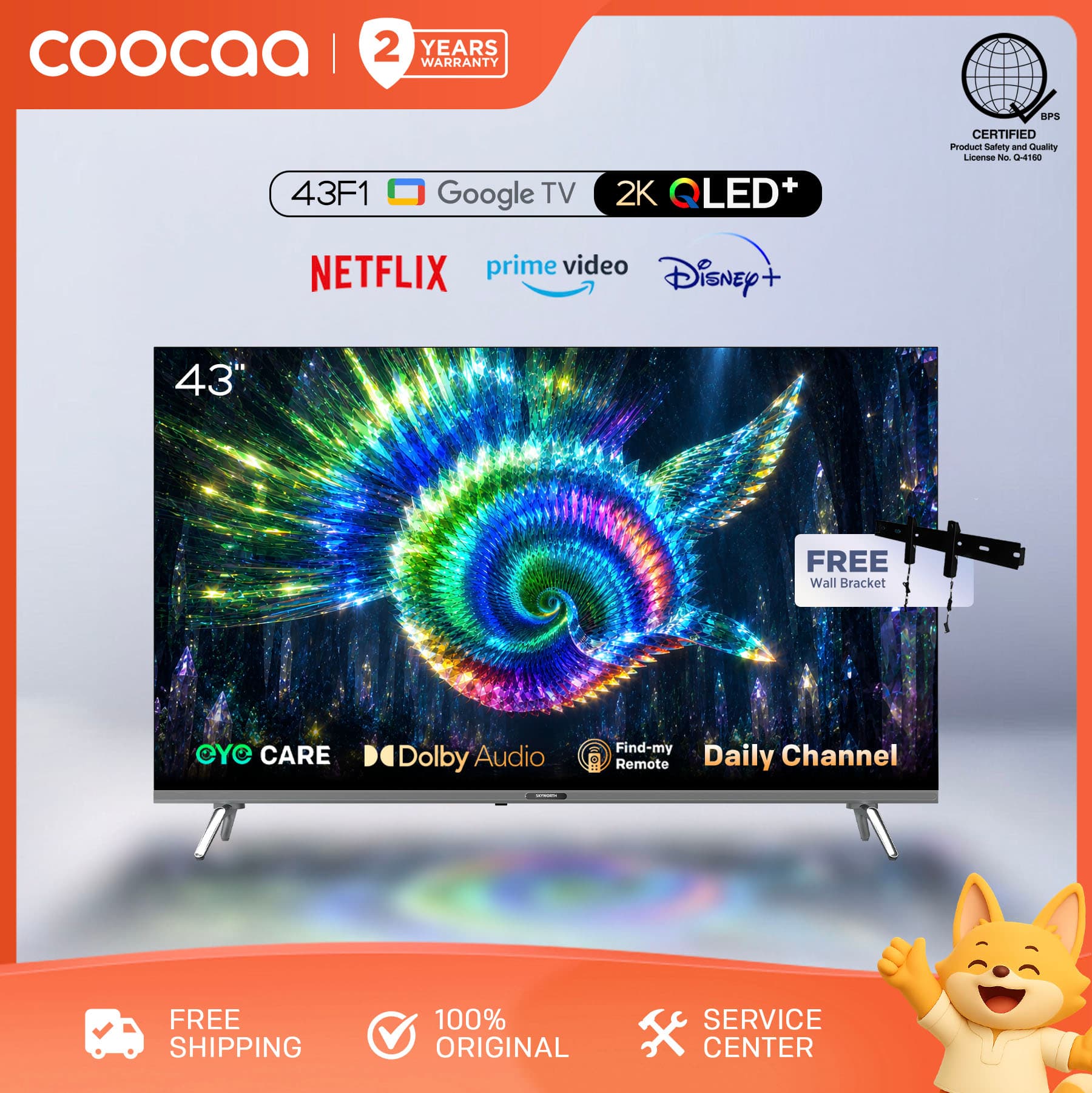 COOCAA 43 Inch QLED GOOGLE TV Dolby Audio, Eye Care, Find My Remote (43F1) w/ wall bracket