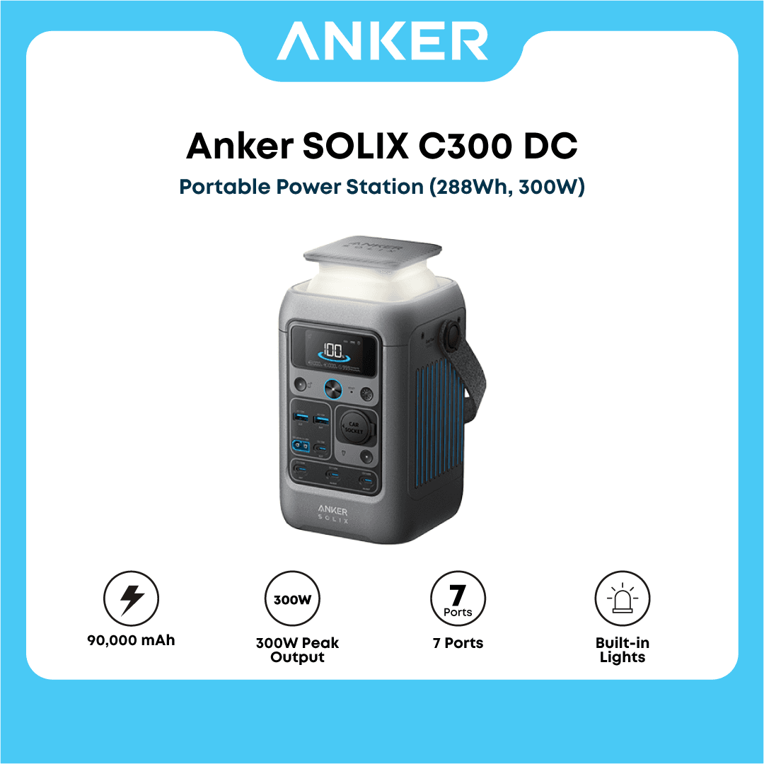 Anker Solix C300 DC Power Bank Station 288Wh Portable Power Station, LiFePO4 Battery, 300W Solar Generator, for Outdoor Camping, Traveling, and Emergencies, Compatible with iPhone 17/16/15/14/13