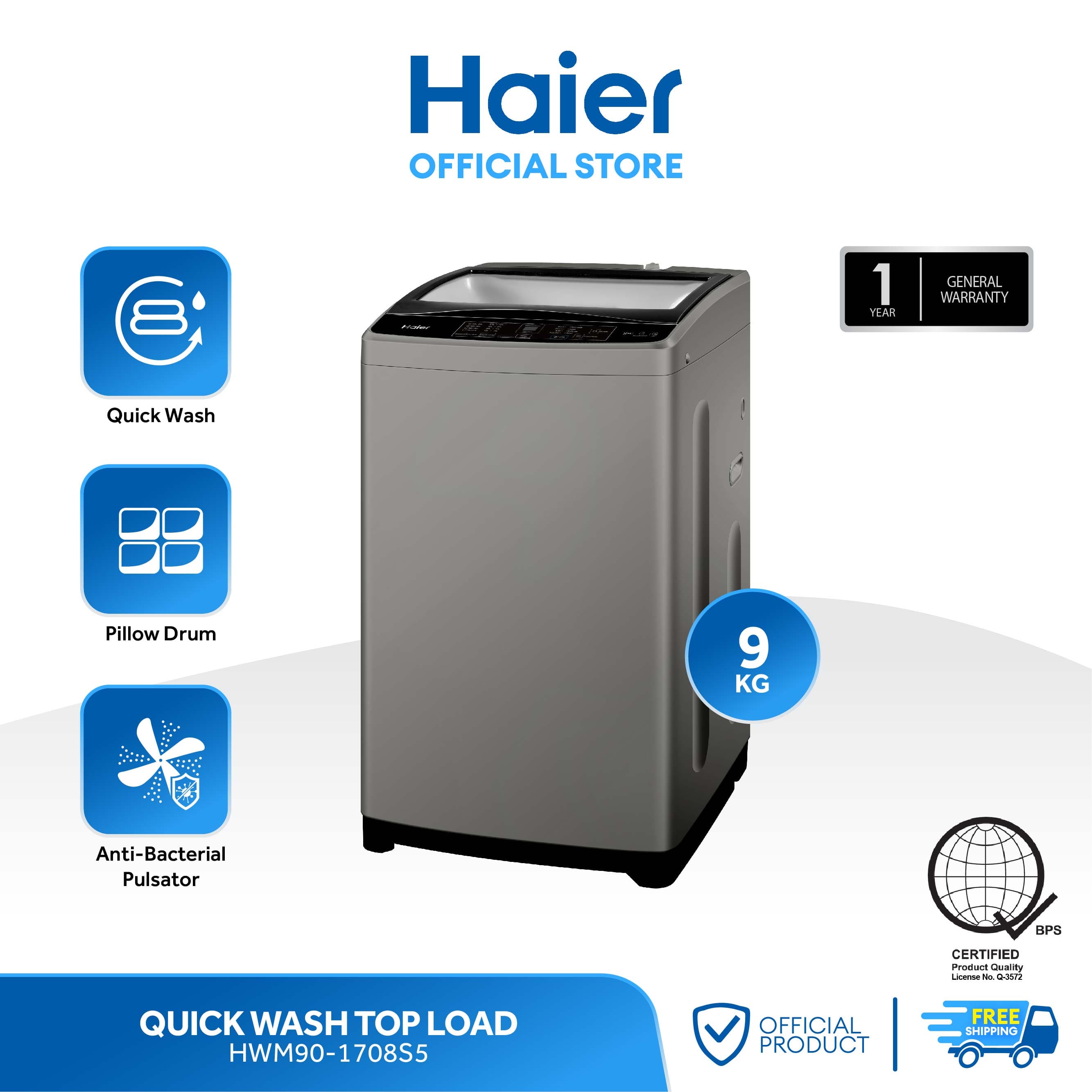 Haier HWM90-316S6 9kg Quick Wash Fully Automatic Top Load Washing Machine (Black)