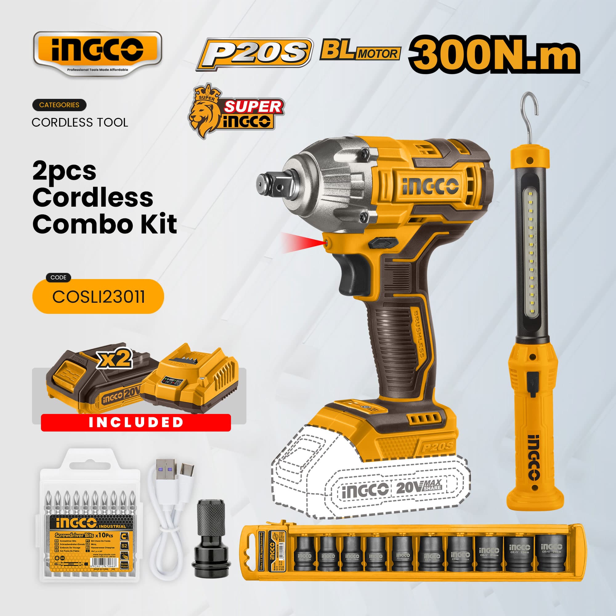 Ingco 300/400Nm Brushless Cordless Impact Wrench & LED Work Lamp Combo Kit With Batteries & Charger Power Tool Set ICPT