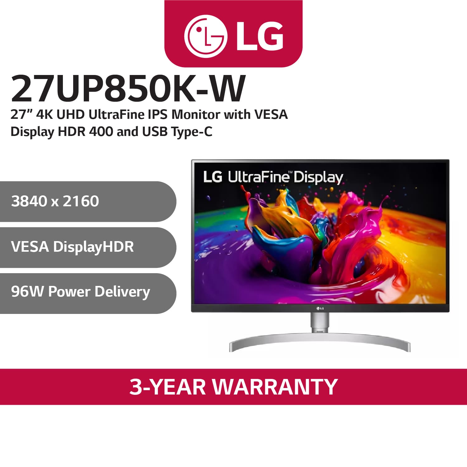 LG 27UP850K-W 27" UltraFine™ IPS Monitor with VESA DisplayHDR™ 400 and USB Type-C™