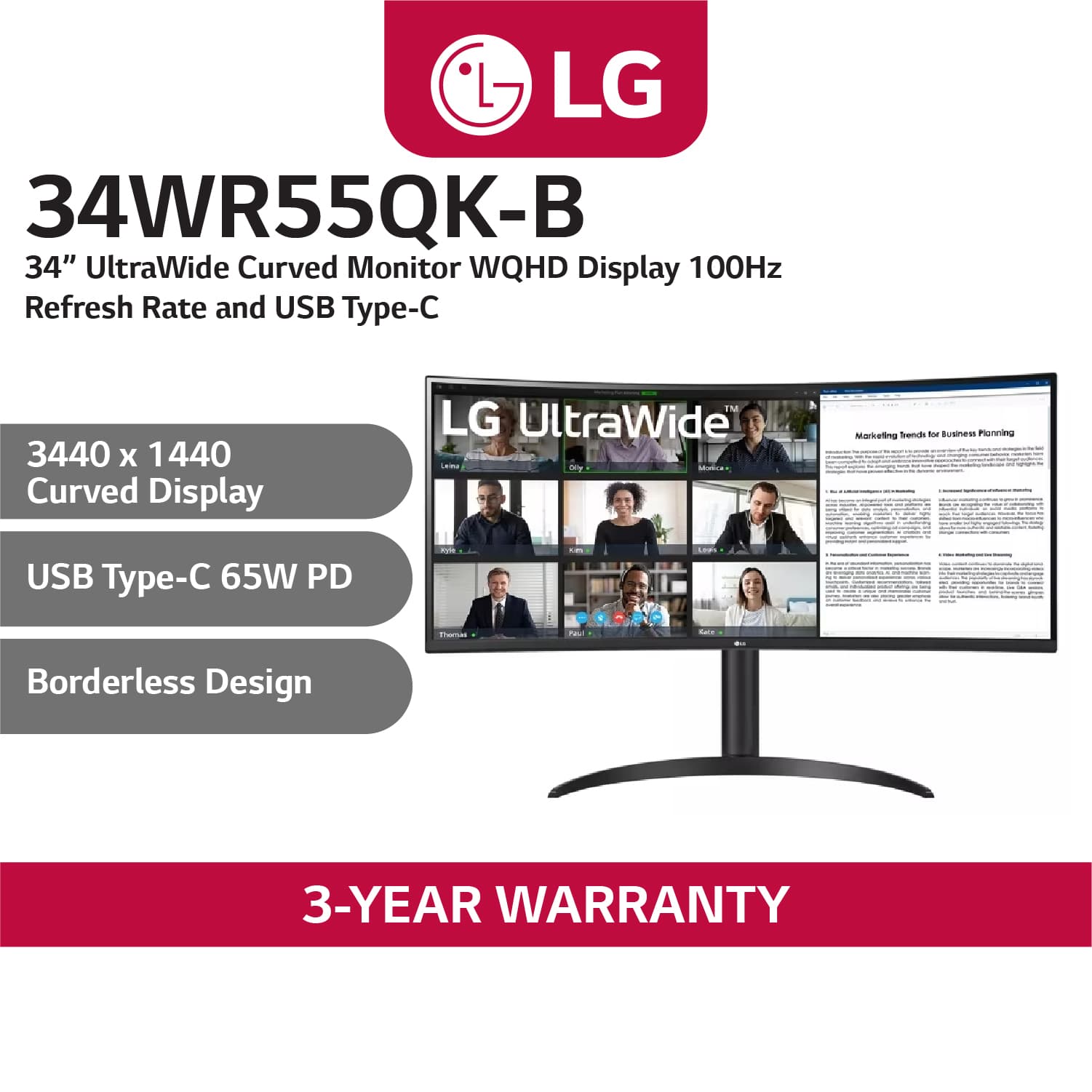 LG 34WR55QK-B 34" UltraWide™ Curved Monitor with WQHD HDR10 Display 100Hz Refresh Rate and USB Type-C